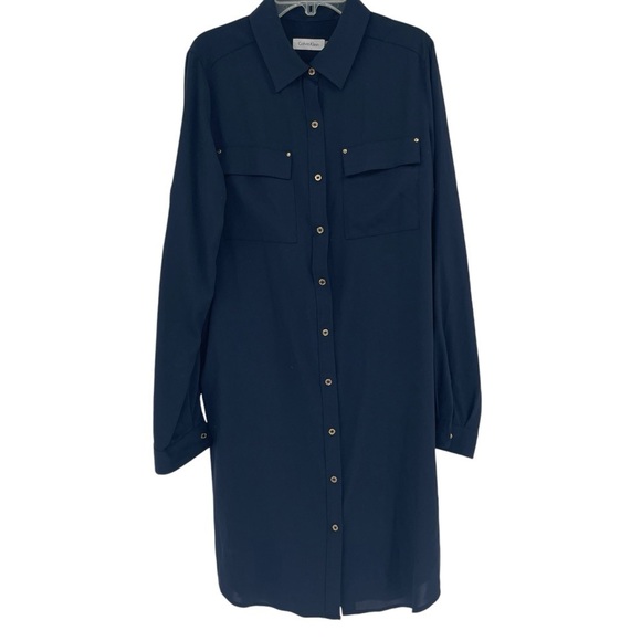 Calvin Klein Women’s Navy Shirt Shift Dress Size 8 Long Sleeves Gold Buttons - Picture 1 of 11